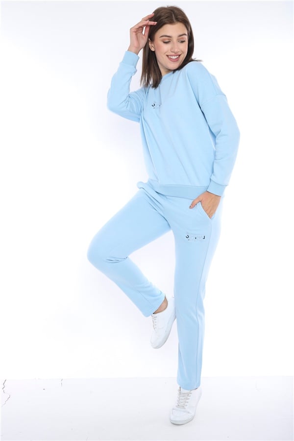 Escetic Gök Mavisi Kadın 3 İplik Nefes Alabilen Spor Casual Sweat Eşofman Takımı A3050