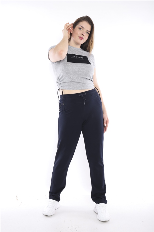 Escetic Lacivert Kadın Battal Beden Nefes Alabilen 2 İplik Kumaş 4 Mevsim Spor Eşofman Altı B1104