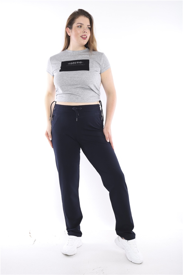 Escetic Lacivert Kadın Battal Beden Nefes Alabilen 2 İplik Kumaş 4 Mevsim Spor Eşofman Altı B1104