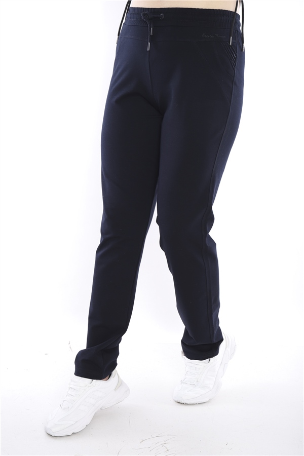 Escetic Lacivert Kadın Battal Beden Nefes Alabilen 2 İplik Kumaş 4 Mevsim Spor Eşofman Altı B1104