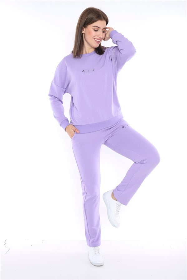Escetic Lila Kadın 3 İplik Nefes Alabilen Spor Casual Sweat Eşofman Takımı A3050