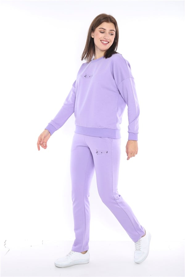 Escetic Lila Kadın 3 İplik Nefes Alabilen Spor Casual Sweat Eşofman Takımı A3050