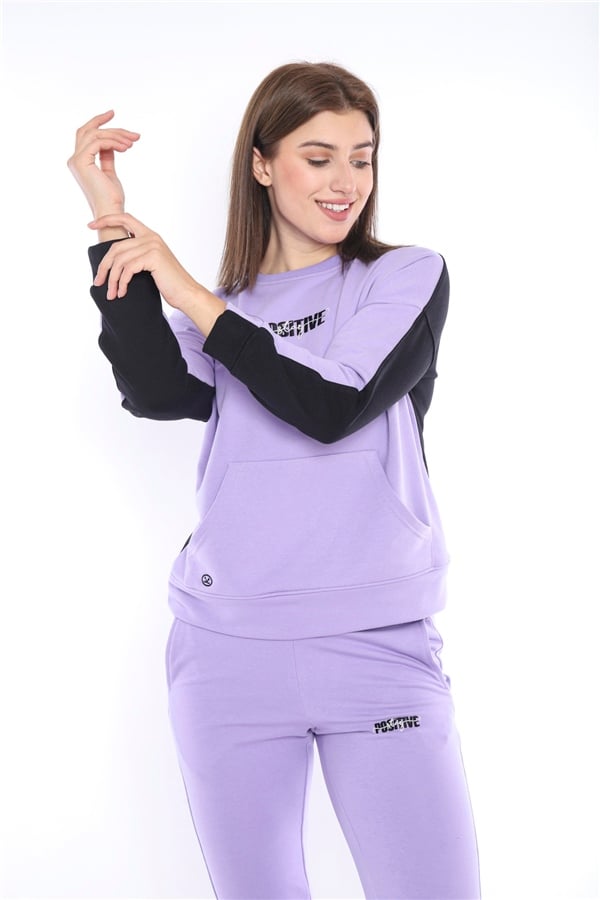 Escetic Lila Kadın 3 İplik Nefes Alabilen Spor Casual Sweat Eşofman Takımı A3047