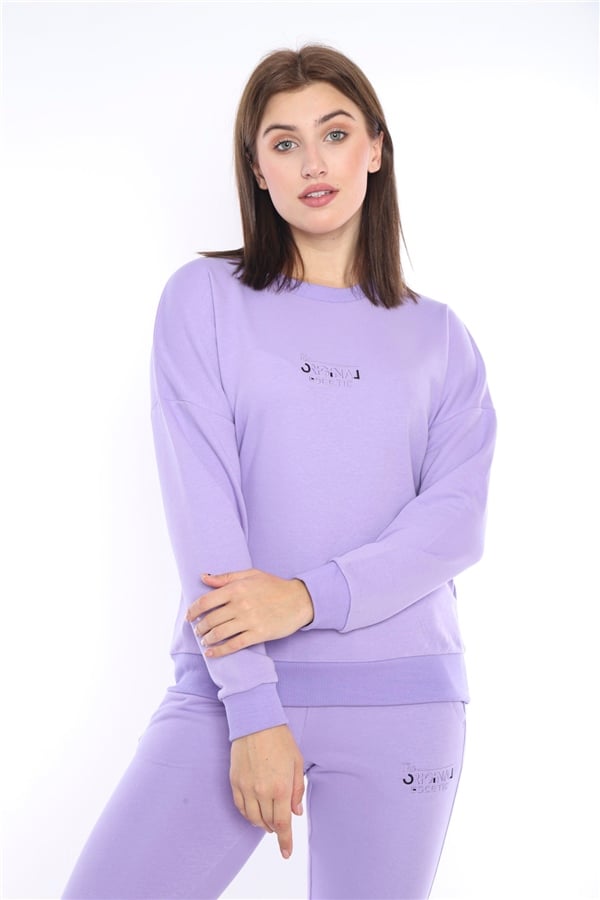 Escetic Lila Kadın 3 İplik Nefes Alabilen Spor Casual Sweat Eşofman Takımı A3050
