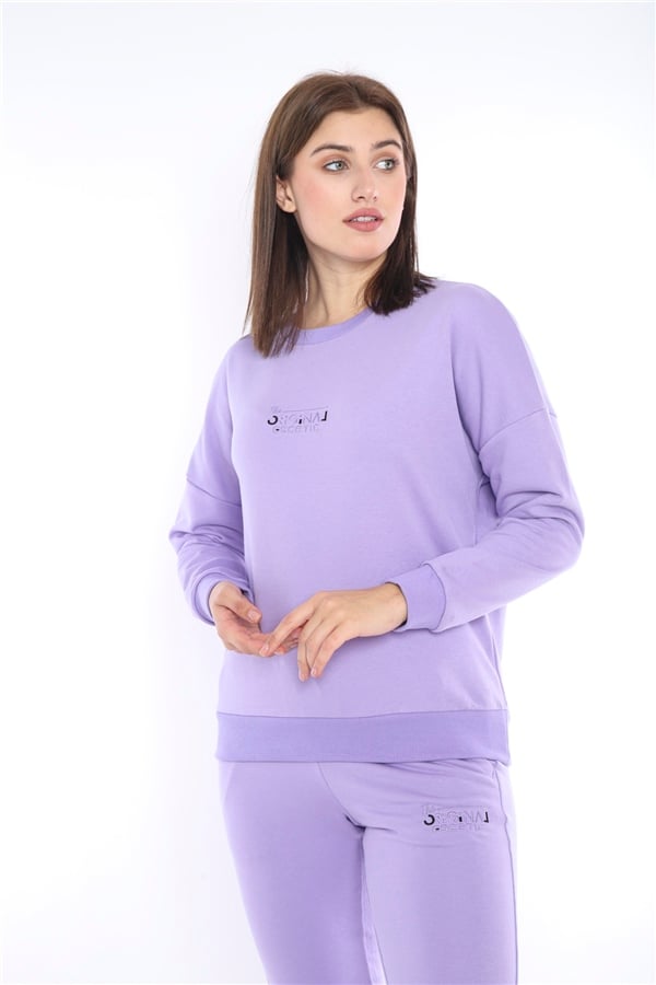 Escetic Lila Kadın 3 İplik Nefes Alabilen Spor Casual Sweat Eşofman Takımı A3050