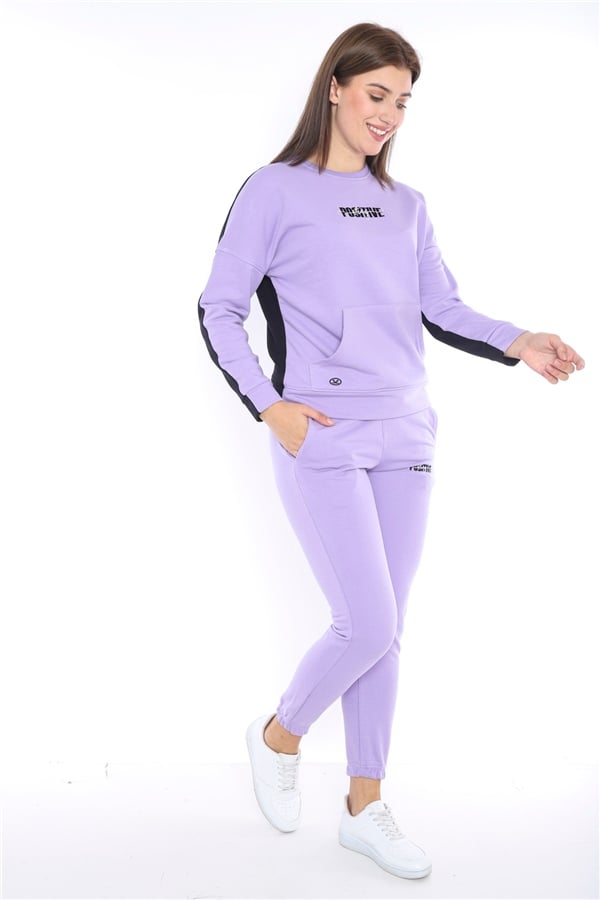 Escetic Lila Kadın 3 İplik Nefes Alabilen Spor Casual Sweat Eşofman Takımı A3047