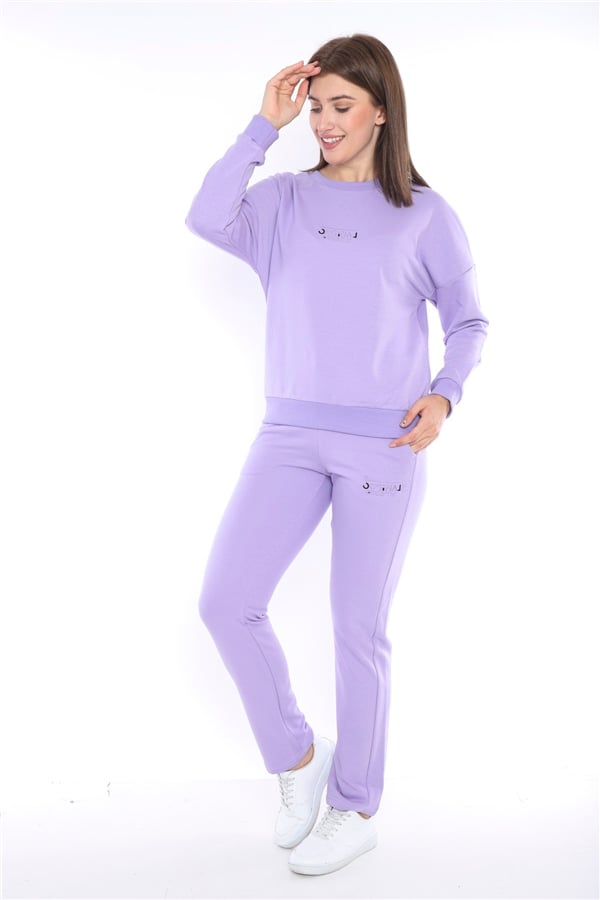 Escetic Lila Kadın 3 İplik Nefes Alabilen Spor Casual Sweat Eşofman Takımı A3050