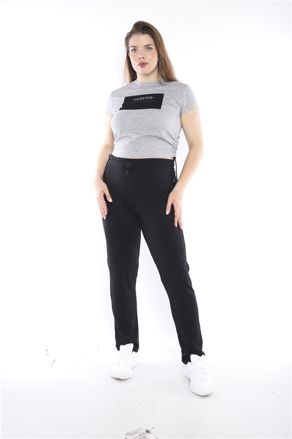 Escetic Siyah Kadın Battal Beden Nefes Alabilen 2 İplik Kumaş 4 Mevsim Spor Eşofman Altı B1104