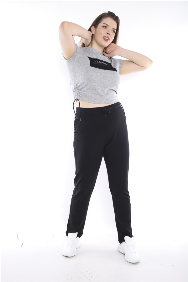 Escetic Siyah Kadın Battal Beden Nefes Alabilen 2 İplik Kumaş 4 Mevsim Spor Eşofman Altı B1104