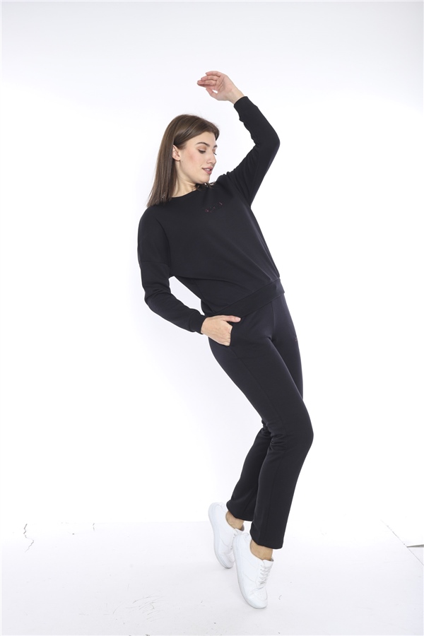 Escetic Siyah Kadın 3 İplik Nefes Alabilen Spor Casual Sweat Eşofman Takımı A3050