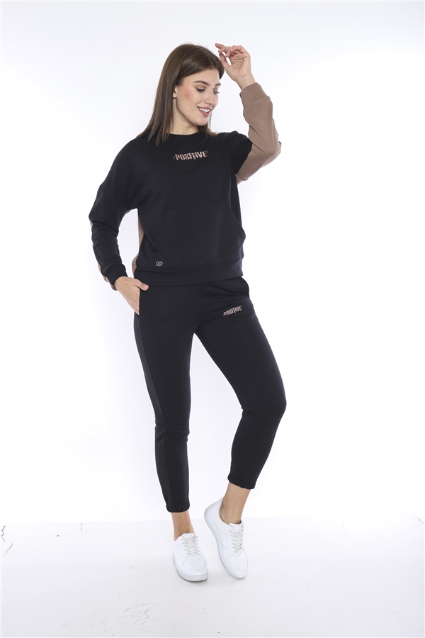 Escetic Siyah Kadın 3 İplik Nefes Alabilen Spor Casual Sweat Eşofman Takımı A3047