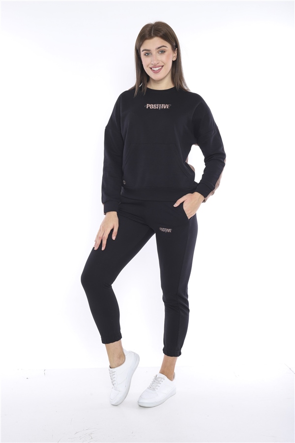 Escetic Siyah Kadın 3 İplik Nefes Alabilen Spor Casual Sweat Eşofman Takımı A3047