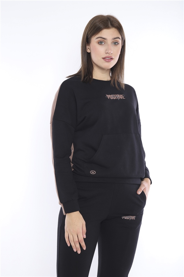 Escetic Siyah Kadın 3 İplik Nefes Alabilen Spor Casual Sweat Eşofman Takımı A3047