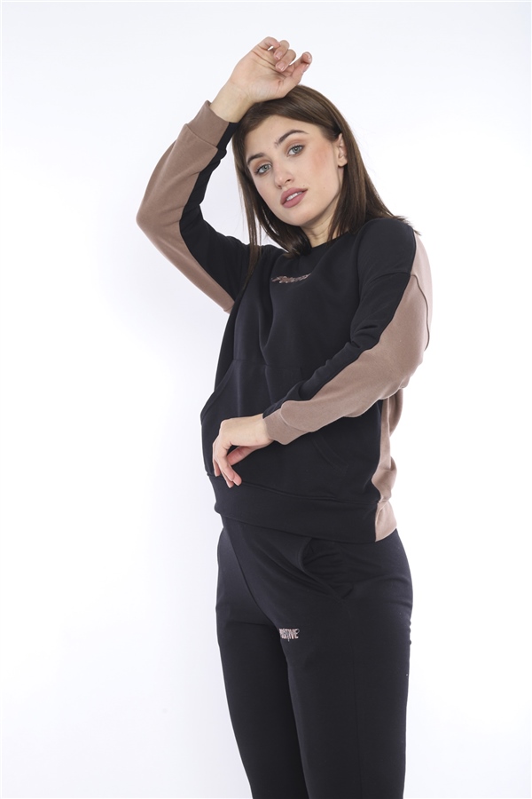 Escetic Siyah Kadın 3 İplik Nefes Alabilen Spor Casual Sweat Eşofman Takımı A3047