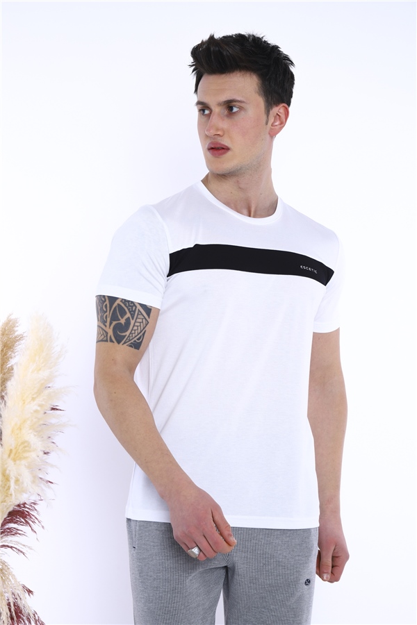  Erkek Beyaz Spor Simit Yaka Slimfit Nefes Alan Floşlu Vanize Süprem Kumaş T-Shirt 0831