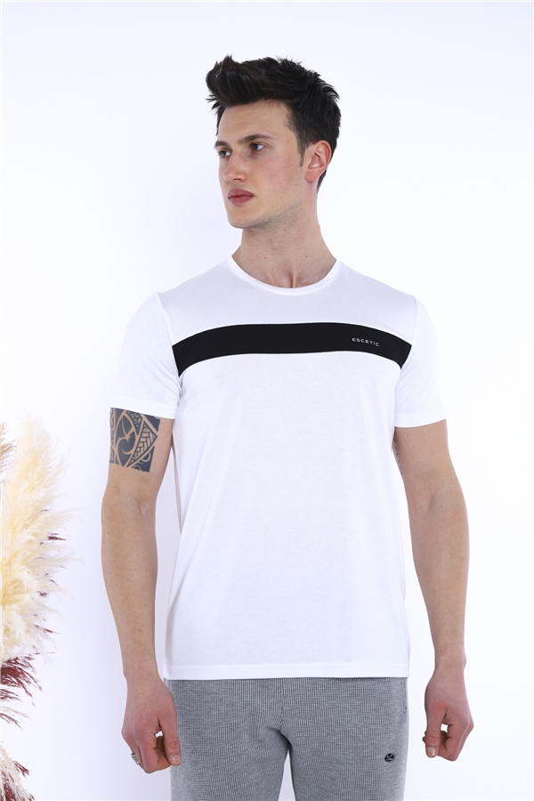  Erkek Beyaz Spor Simit Yaka Slimfit Nefes Alan Floşlu Vanize Süprem Kumaş T-Shirt 0831