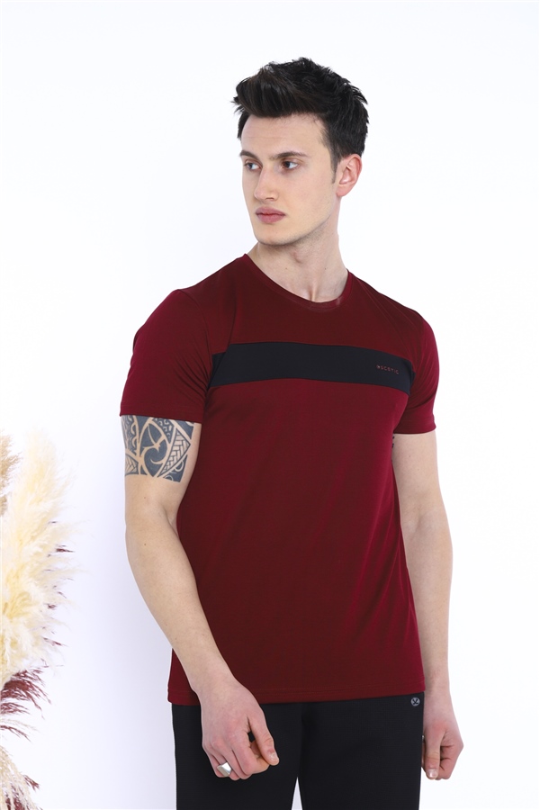  Erkek Bordo Spor Simit Yaka Slimfit Nefes Alan Floşlu Vanize Süprem Kumaş T-Shirt 0831