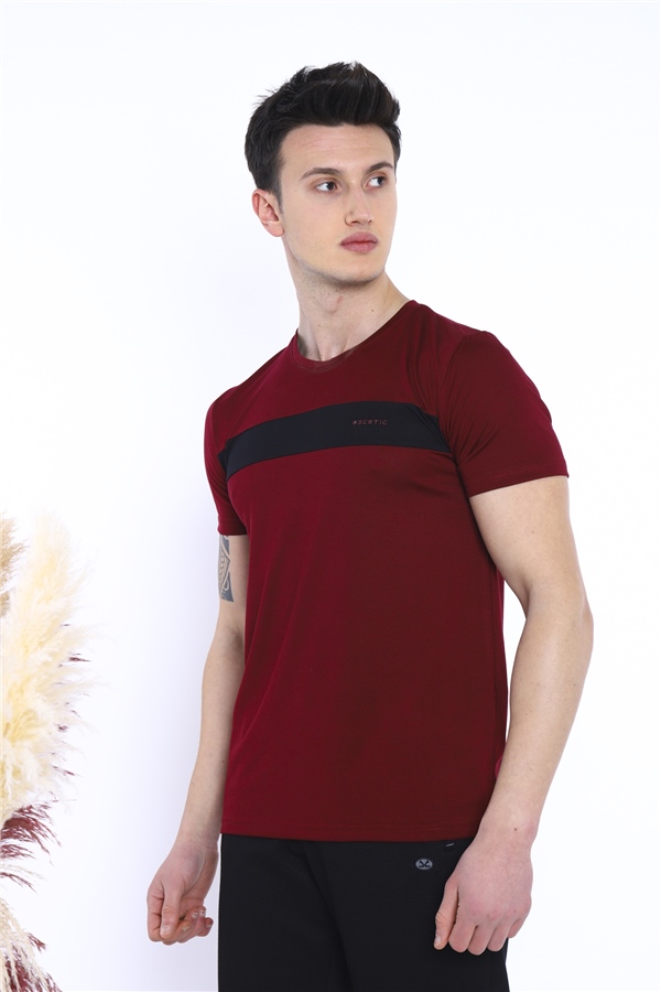  Erkek Bordo Spor Simit Yaka Slimfit Nefes Alan Floşlu Vanize Süprem Kumaş T-Shirt 0831