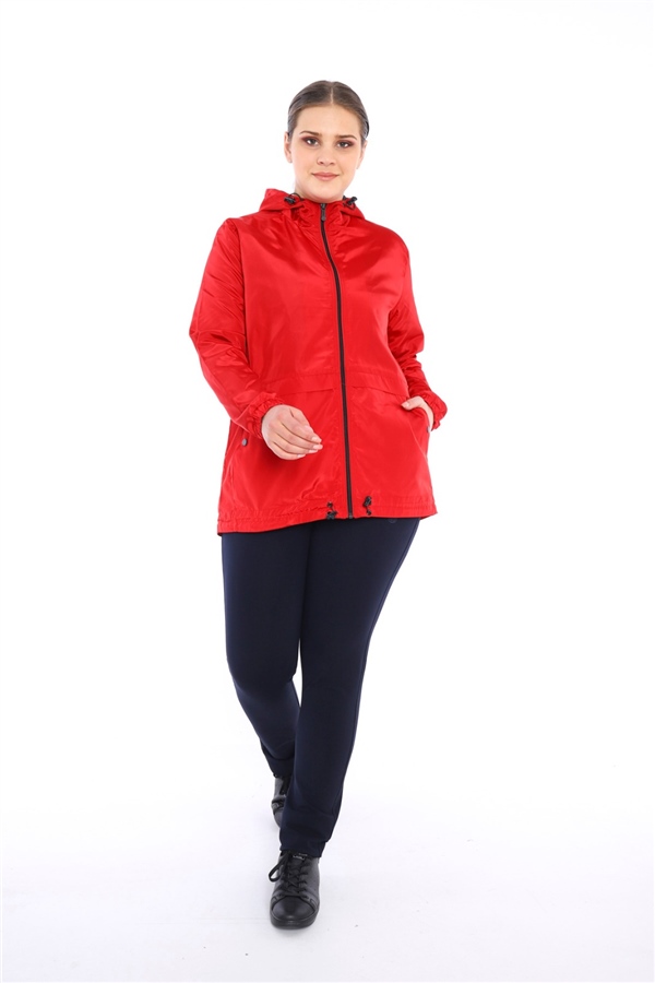 Escetic Bordo Kadın Battal Beden Rüzgarlık Sabit Kapüşonlu Astarlı Su İtici Mevsimlik İnce Ceket 6575