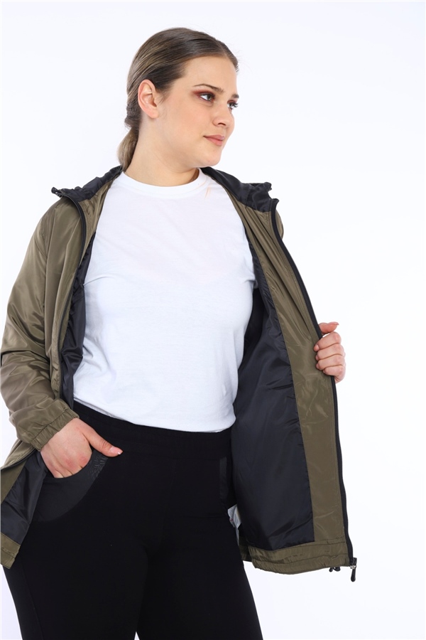 Escetic Haki Kadın Battal Beden Rüzgarlık Sabit Kapüşonlu Astarlı Su İtici Mevsimlik İnce Ceket 6575