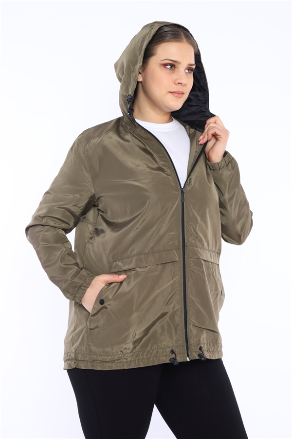Escetic Haki Kadın Battal Beden Rüzgarlık Sabit Kapüşonlu Astarlı Su İtici Mevsimlik İnce Ceket 6575