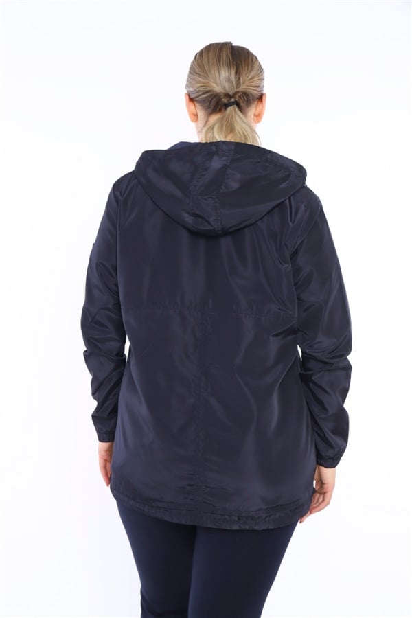 Escetic Lacivert Kadın Battal Beden Rüzgarlık Sabit Kapüşonlu Astarlı Su İtici Mevsimlik İnce Ceket 6575