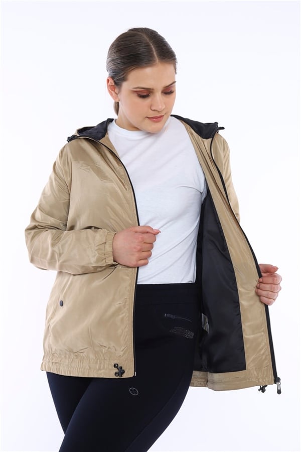 Escetic Vizon Kadın Battal Beden Rüzgarlık Sabit Kapüşonlu Astarlı Su İtici Mevsimlik İnce Ceket 6575