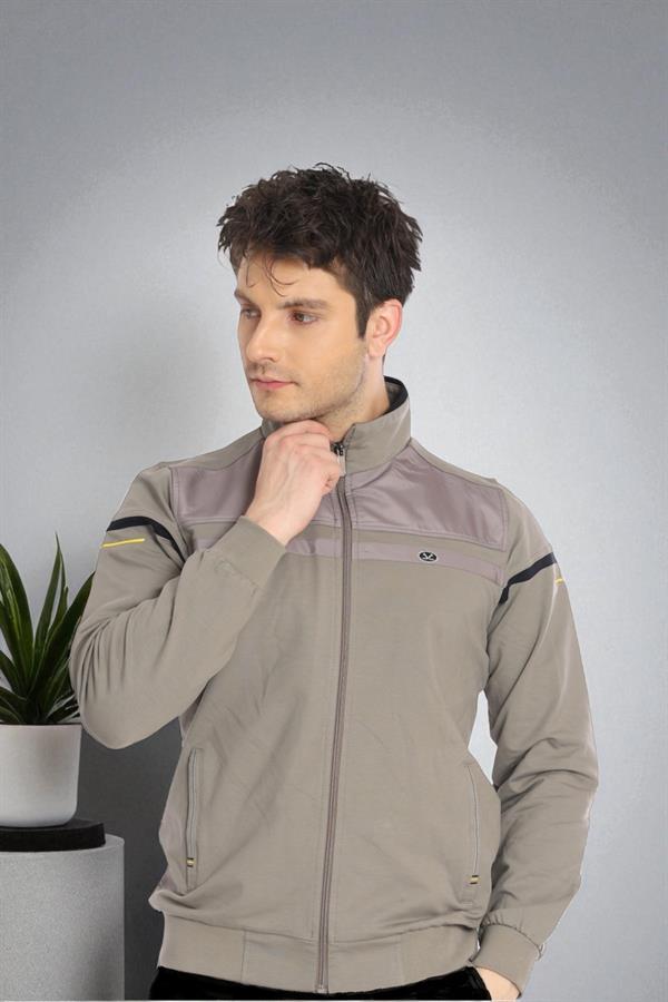 Erkek Açık Haki Rahat Kalıp 4 Cepli Dik Yaka 4 Mevsim Süper 2 İplik Spor Eşofman Takımı 5876