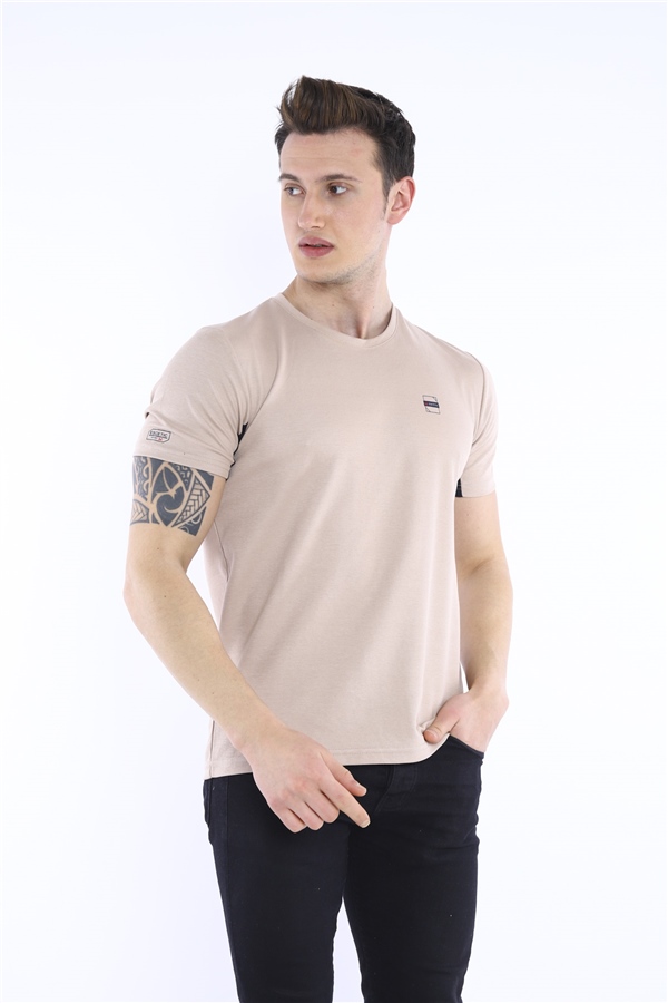 Escetic Bej Erkek Ragular Kalıp Pamuklu ABD Pike Nefes Alabilen Spor T-Shirt 0829