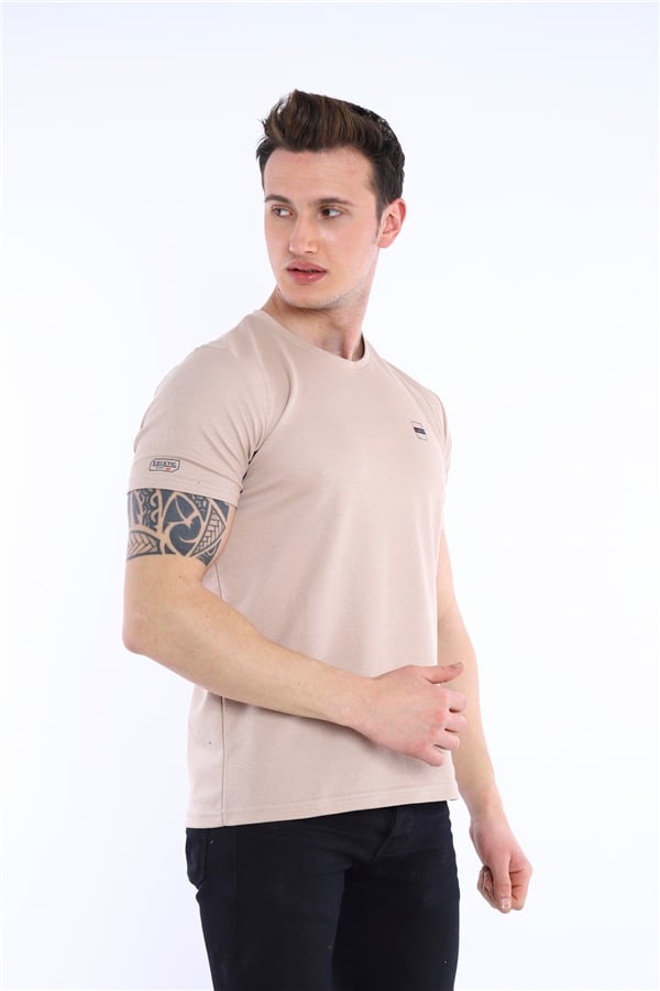 Escetic Bej Erkek Ragular Kalıp Pamuklu ABD Pike Nefes Alabilen Spor T-Shirt 0829