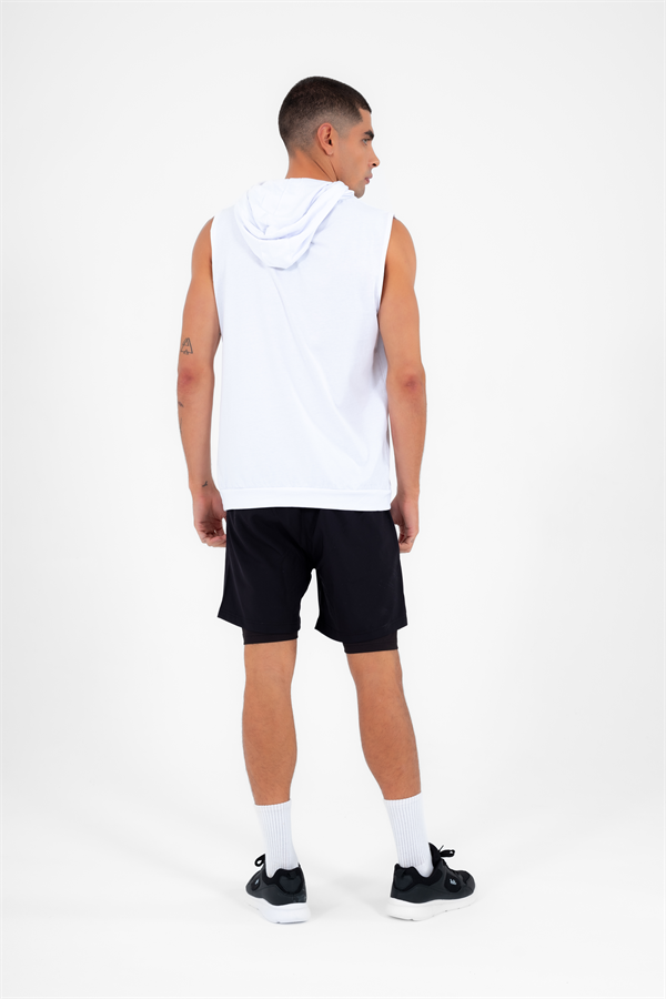 Escetic Erkek Beyaz Spor Kapüşonlu Slimfit Nefes Alabilen %100 Pamuk Süprem Kumaş Kolsuz T-Shirt 0995