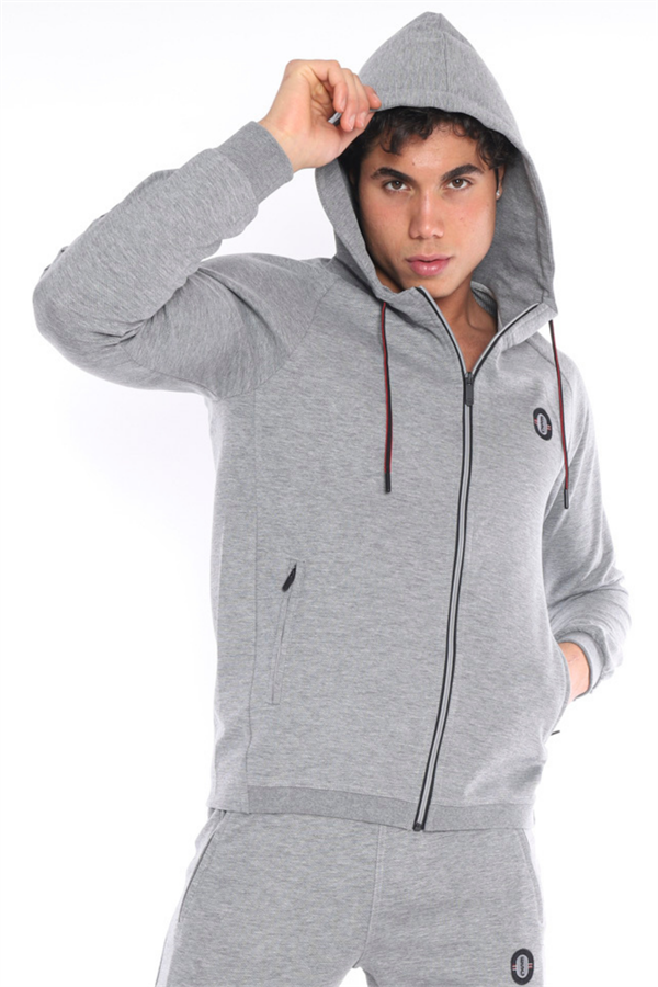 Escetic Erkek Açık Gri Siyah (G2-Siyah) Kapüşonlu Diagonel Penye İnterlok Kumaş 4 Mevsim Slimfit Eşofman Takımı 6661