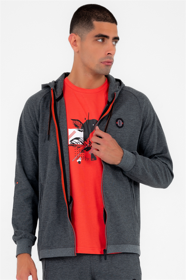 Escetic Erkek Koyu Gri Siyah (G3-Siyah) Kapüşonlu Diagonel Penye İnterlok Kumaş 4 Mevsim Slimfit Eşofman Takımı 6661