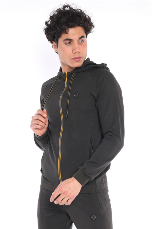 Escetic Erkek Haki Kapüşonlu Diagonel Penye İnterlok Kumaş 4 Mevsim Slimfit Eşofman Takımı 6661