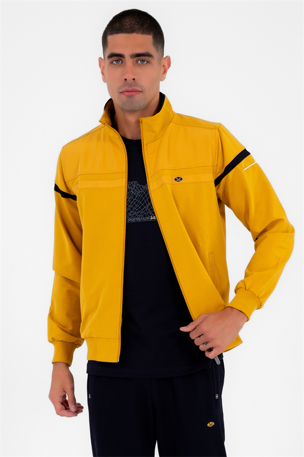 Erkek Hardal Rahat Kalıp 4 Cepli Dik Yaka 4 Mevsim Süper 2 İplik Spor Eşofman Takımı 5876