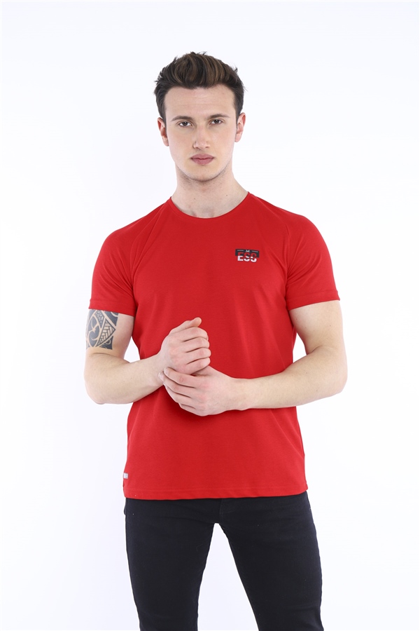 Escetic Kırmızı Erkek Ragular Kalıp Pamuklu ABD Pike Nefes Alabilen Spor T-Shirt 0830
