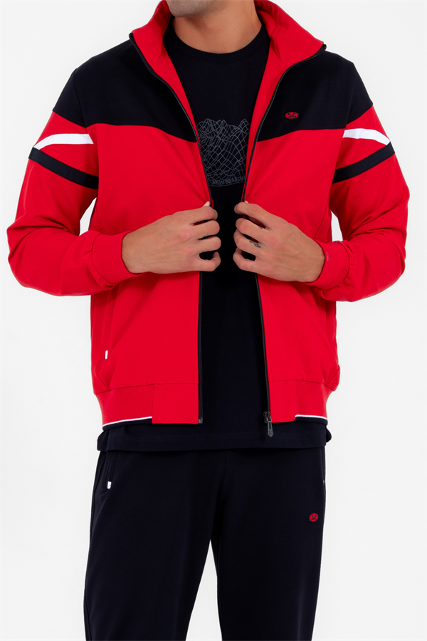 Erkek Kırmızı Rahat Kalıp 4 Cepli Dik Yaka 4 Mevsim Süper 2 İplik Spor Eşofman Takımı 6482