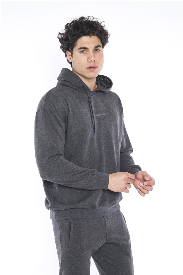 Escetic Antresit Erkek 3 İplik Nefes Alan Pamuklu Kapüşonlu Baskılı Spor Oversize Sweat Takım A3041