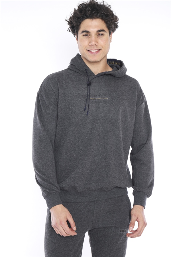 Escetic Antresit Erkek 3 İplik Nefes Alan Pamuklu Kapüşonlu Baskılı Spor Oversize Sweat Takım A3041