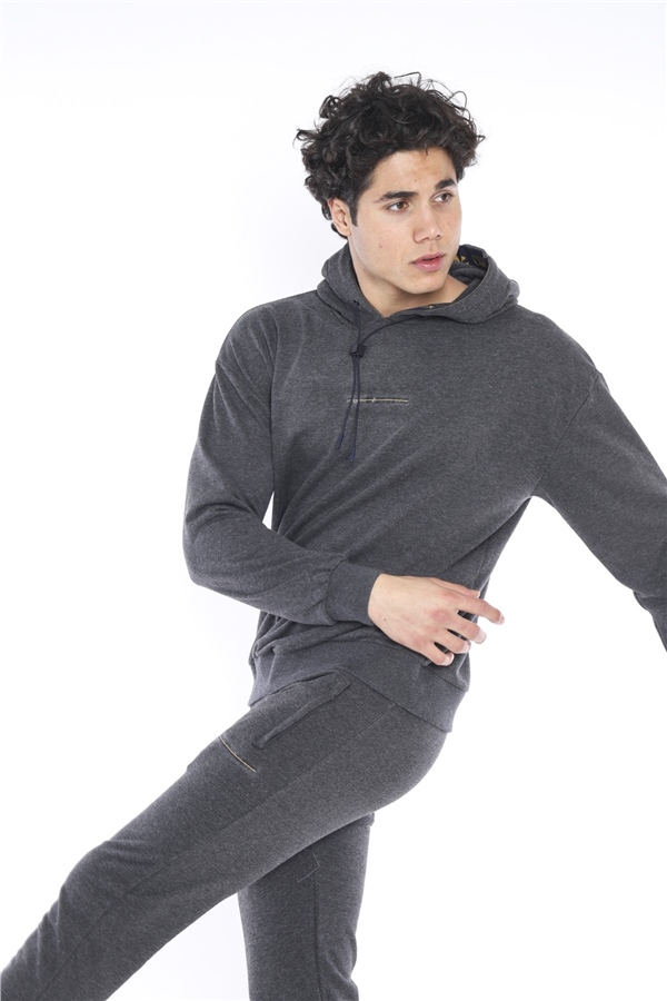 Escetic Antresit Erkek 3 İplik Nefes Alan Pamuklu Kapüşonlu Baskılı Spor Oversize Sweat Takım A3041