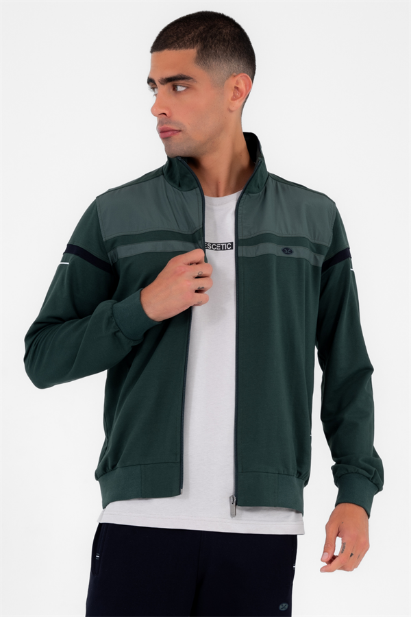 Erkek Koyu Yeşil Rahat Kalıp 4 Cepli Dik Yaka 4 Mevsim Süper 2 İplik Spor Eşofman Takımı 5876