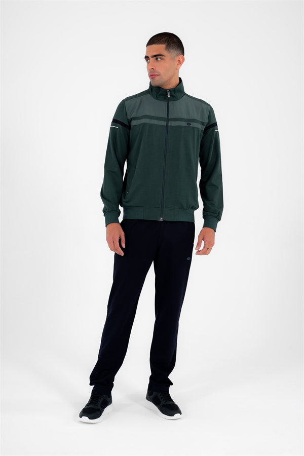 Erkek Koyu Yeşil Rahat Kalıp 4 Cepli Dik Yaka 4 Mevsim Süper 2 İplik Spor Eşofman Takımı 5876