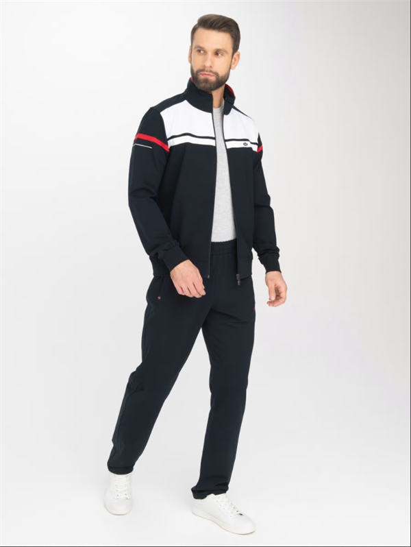 Erkek Lacivert Beyaz Rahat Kalıp 4 Cepli Dik Yaka 4 Mevsim Süper 2 İplik Spor Eşofman Takımı 5876