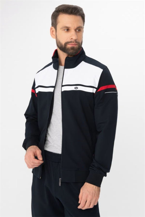 Erkek Lacivert Beyaz Rahat Kalıp 4 Cepli Dik Yaka 4 Mevsim Süper 2 İplik Spor Eşofman Takımı 5876