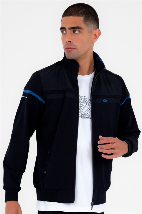 Erkek Lacivert İndigo Rahat Kalıp 4 Cepli Dik Yaka 4 Mevsim Süper 2 İplik Spor Eşofman Takımı 5876