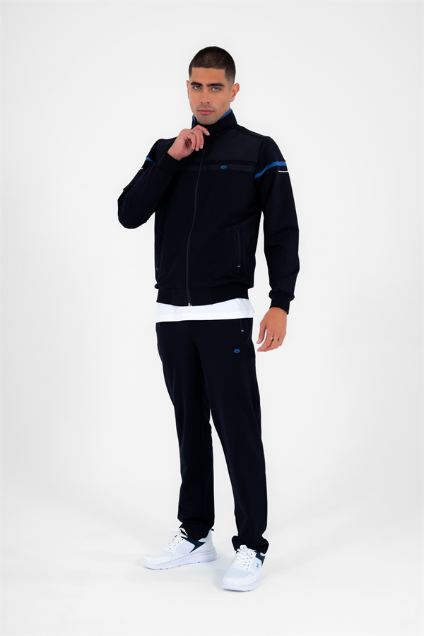 Erkek Lacivert İndigo Rahat Kalıp 4 Cepli Dik Yaka 4 Mevsim Süper 2 İplik Spor Eşofman Takımı 5876