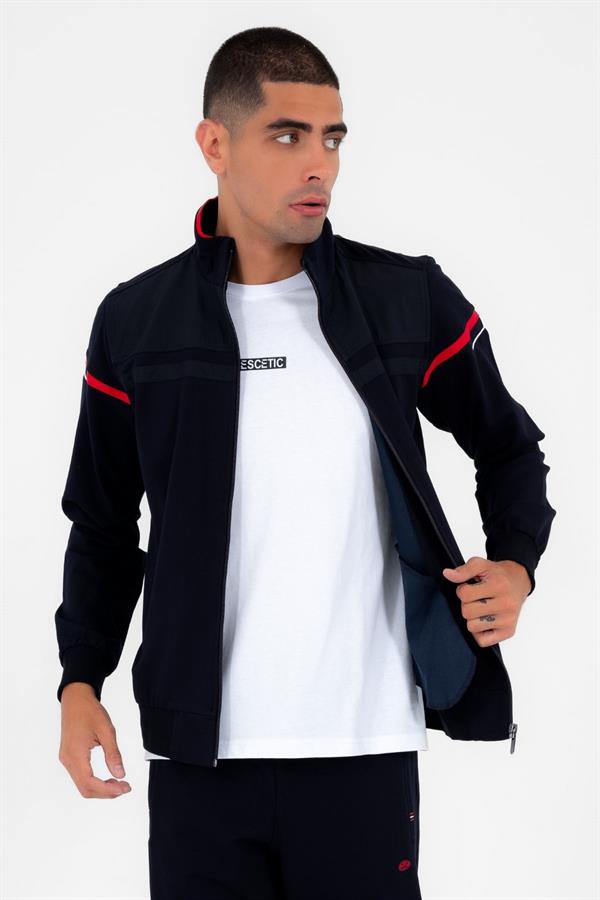 Erkek Lacivert Kırmızı Rahat Kalıp 4 Cepli Dik Yaka 4 Mevsim Süper 2 İplik Spor Eşofman Takımı 5876