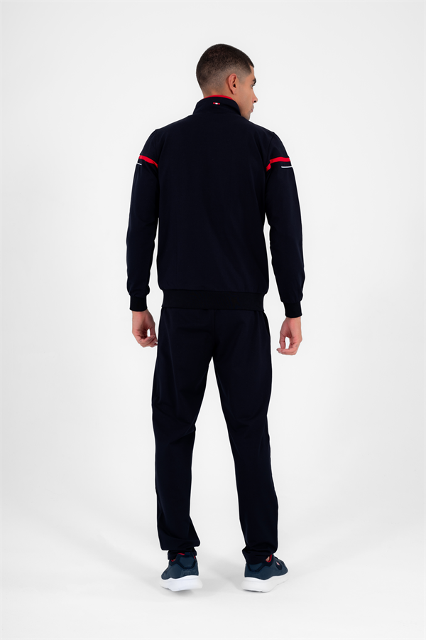 Erkek Lacivert Kırmızı Rahat Kalıp 4 Cepli Dik Yaka 4 Mevsim Süper 2 İplik Spor Eşofman Takımı 5876