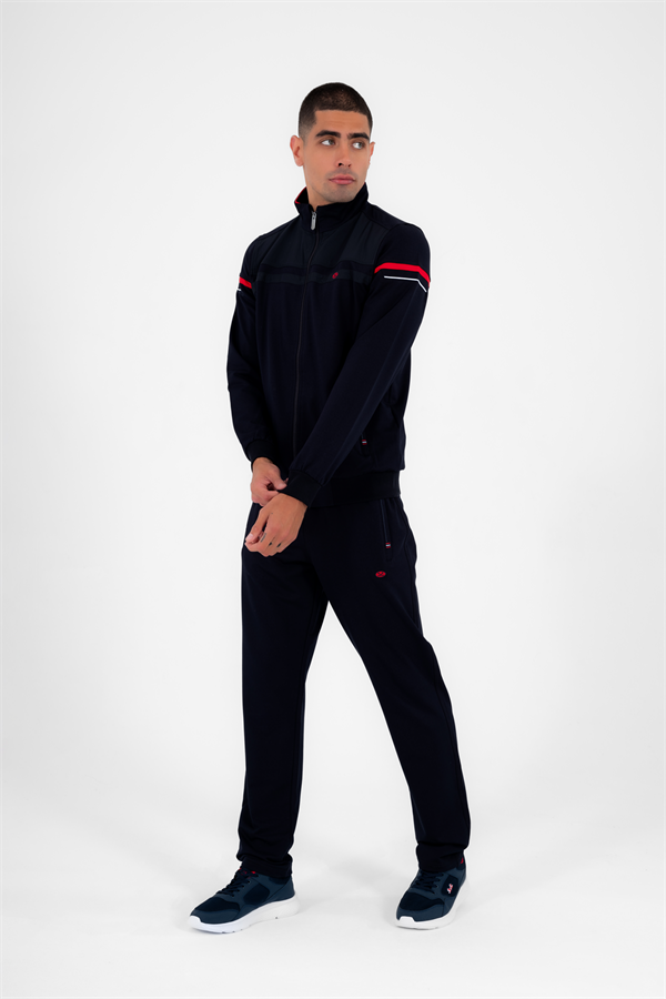 Erkek Lacivert Kırmızı Rahat Kalıp 4 Cepli Dik Yaka 4 Mevsim Süper 2 İplik Spor Eşofman Takımı 5876