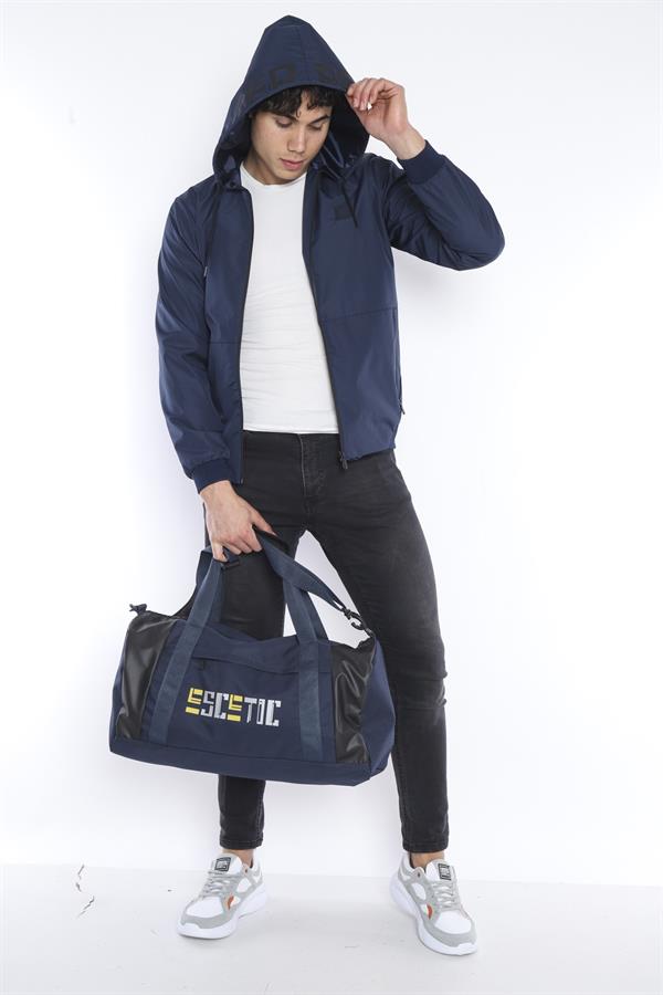 Erkek Lacivert Rüzgarlık Yağmurluk Ince Kapsonlu Ceket 2 Cepli Desenli Astarlı 6722